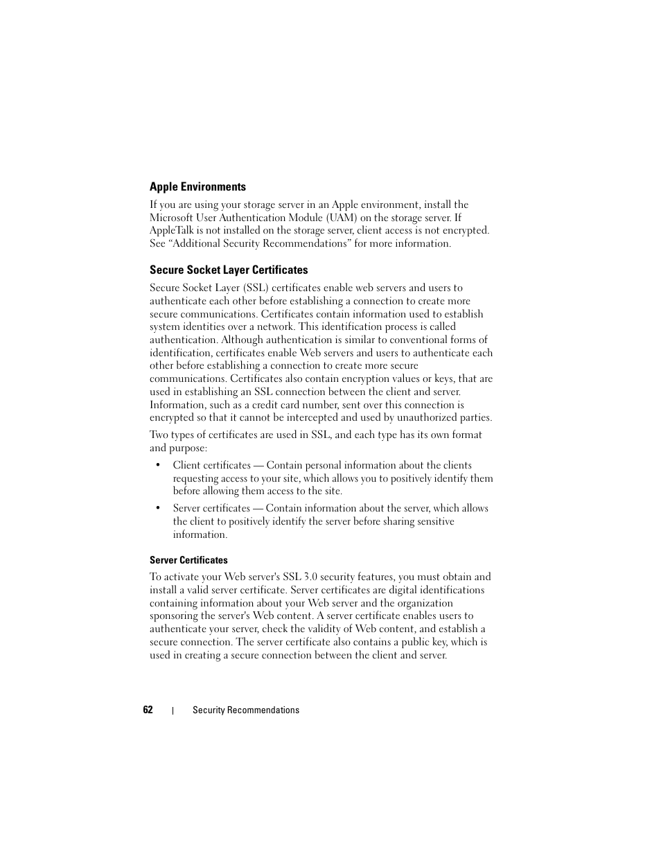 Apple environments, Secure socket layer certificates | Dell PowerVault DP500 User Manual | Page 62 / 68