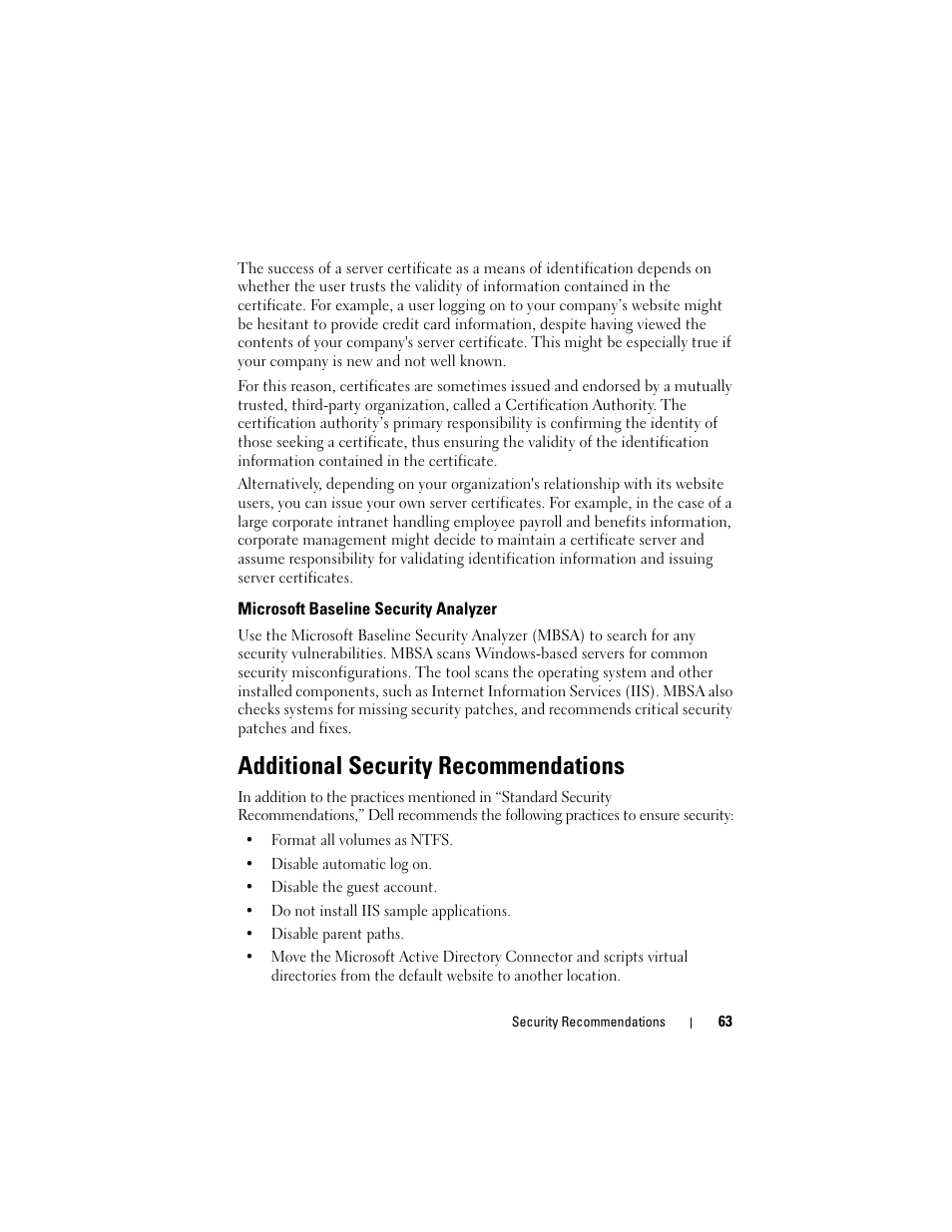 Microsoft baseline security analyzer, Additional security recommendations | Dell PowerVault DP500 User Manual | Page 63 / 68