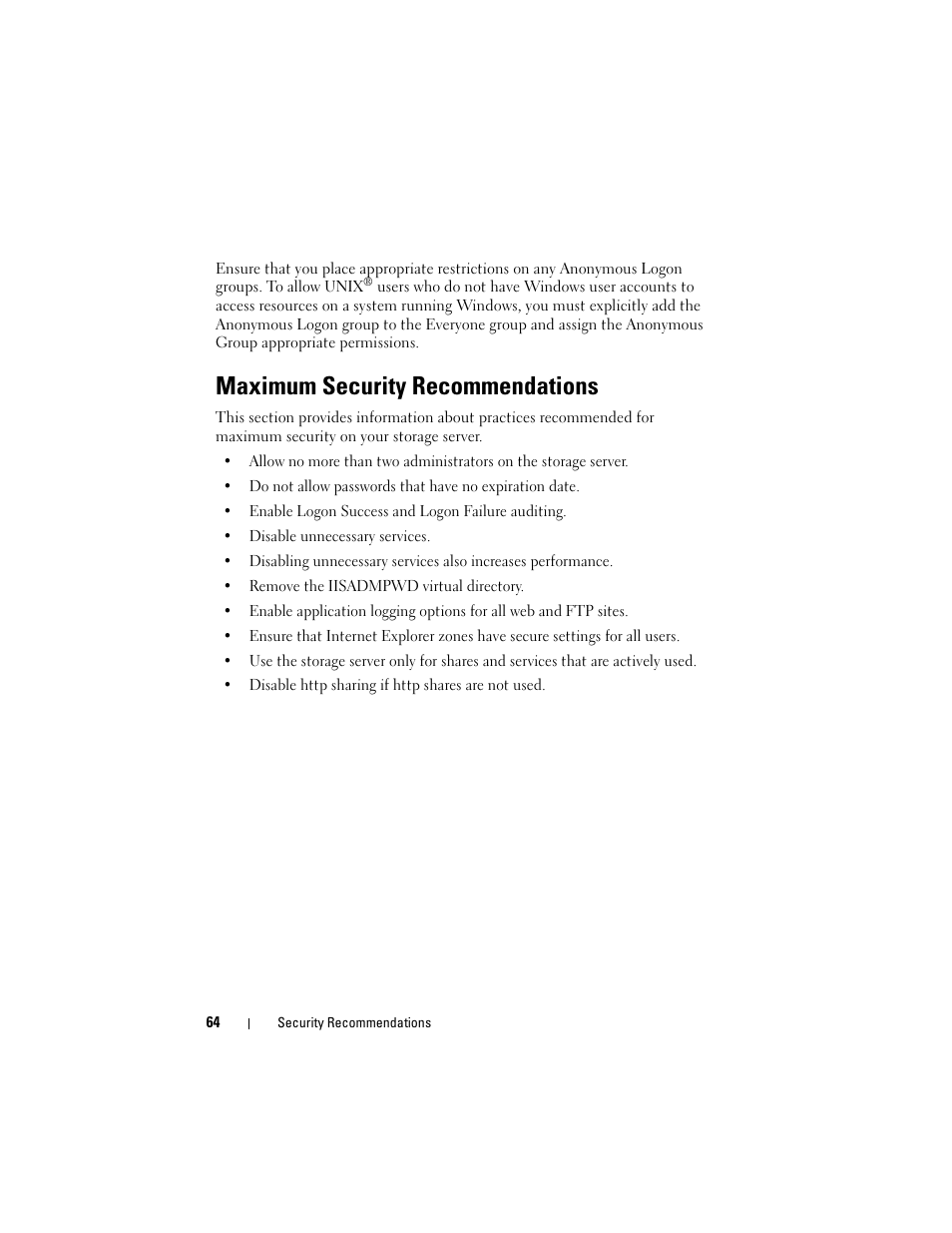 Maximum security recommendations | Dell PowerVault DP500 User Manual | Page 64 / 68