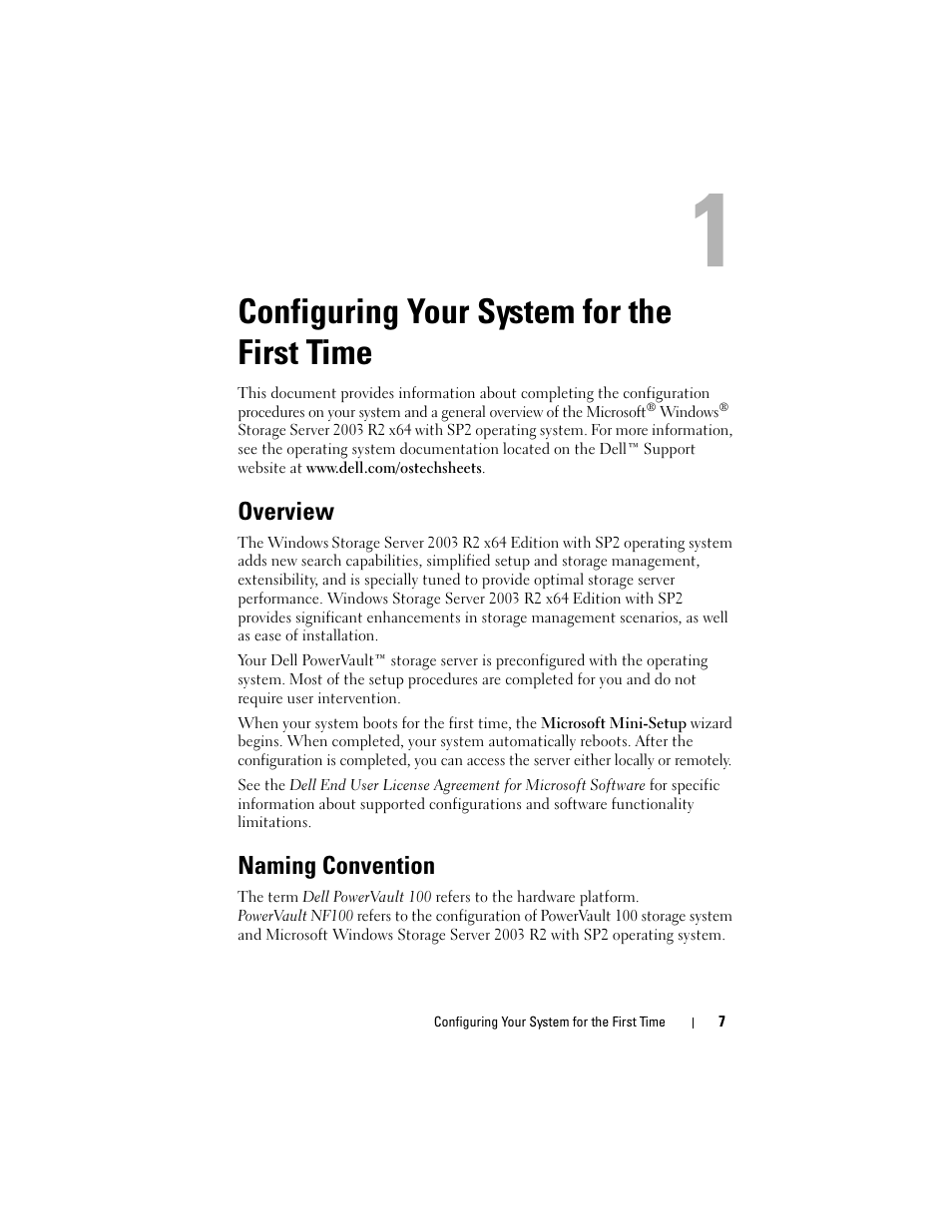 Configuring your system for the first time, Overview, Naming convention | Dell PowerVault DP500 User Manual | Page 7 / 68