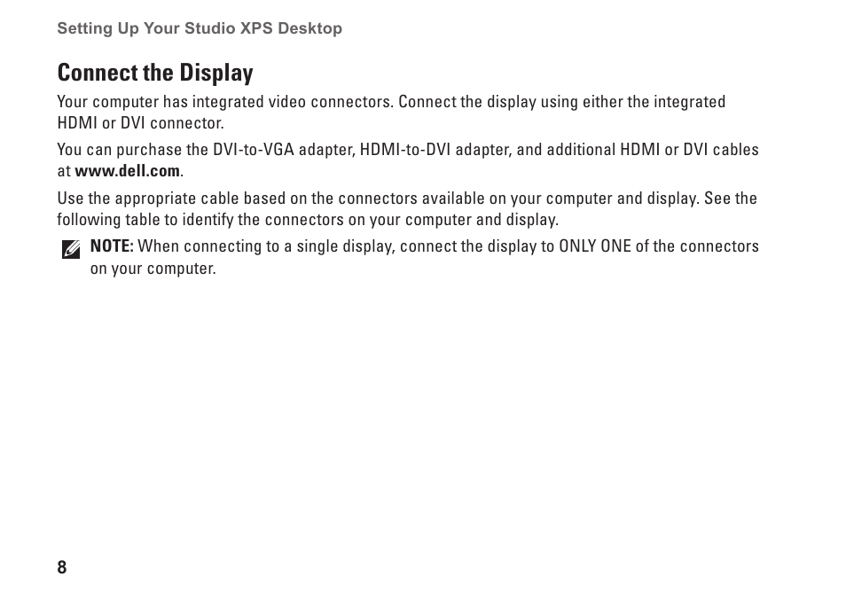 Connect the display | Dell Studio XPS 8100 (Late 2009) User Manual | Page 10 / 80