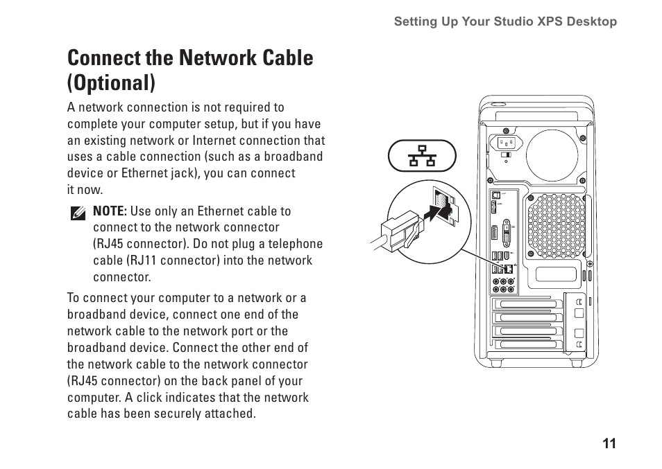 Connect the network cable (optional), Connect the network cable, Optional) | Dell Studio XPS 8100 (Late 2009) User Manual | Page 13 / 80