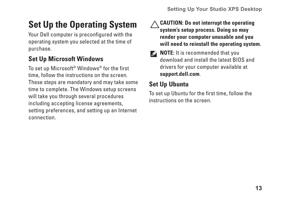 Set up the operating system | Dell Studio XPS 8100 (Late 2009) User Manual | Page 15 / 80