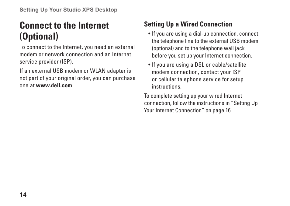Connect to the internet (optional) | Dell Studio XPS 8100 (Late 2009) User Manual | Page 16 / 80