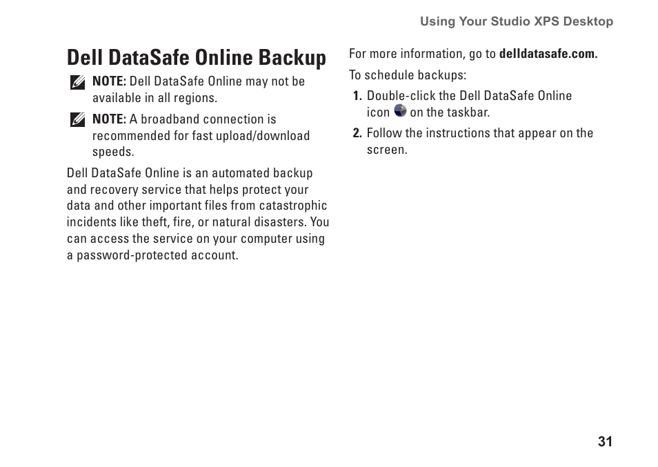 Dell datasafe online backup | Dell Studio XPS 8100 (Late 2009) User Manual | Page 33 / 80
