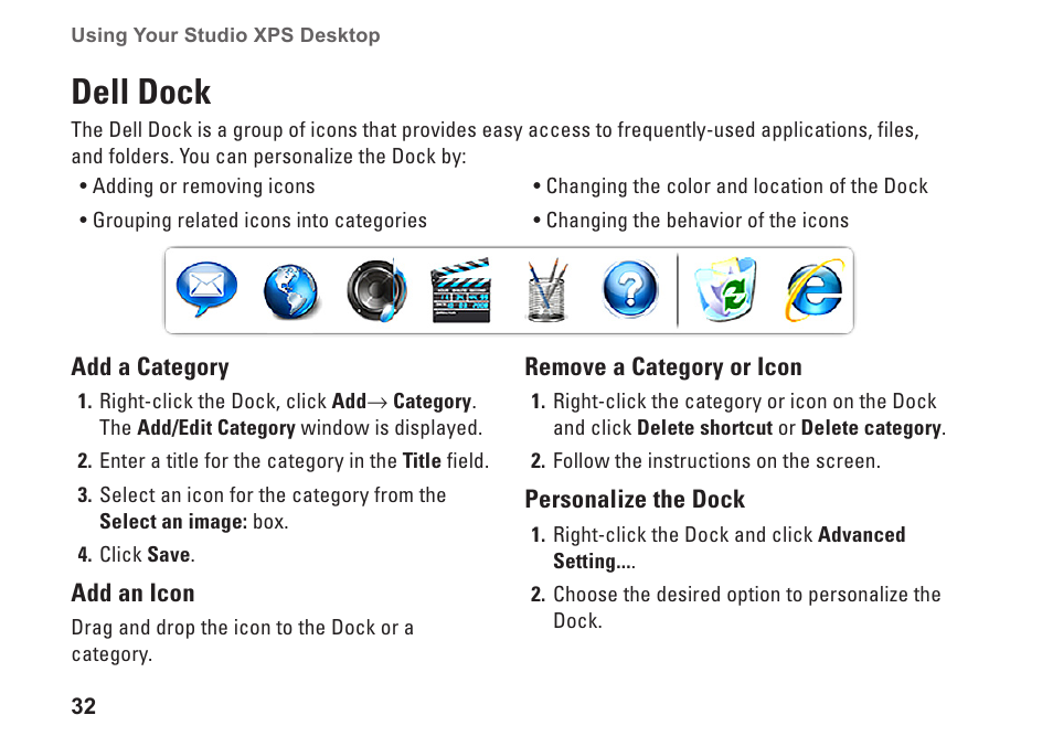 Dell dock | Dell Studio XPS 8100 (Late 2009) User Manual | Page 34 / 80