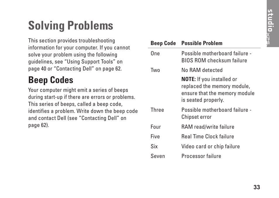 Solving problems, Beep codes | Dell Studio XPS 8100 (Late 2009) User Manual | Page 35 / 80