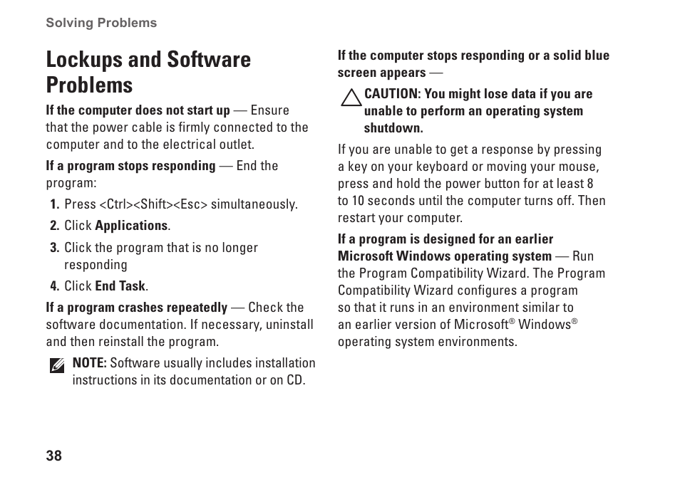 Lockups and software problems | Dell Studio XPS 8100 (Late 2009) User Manual | Page 40 / 80