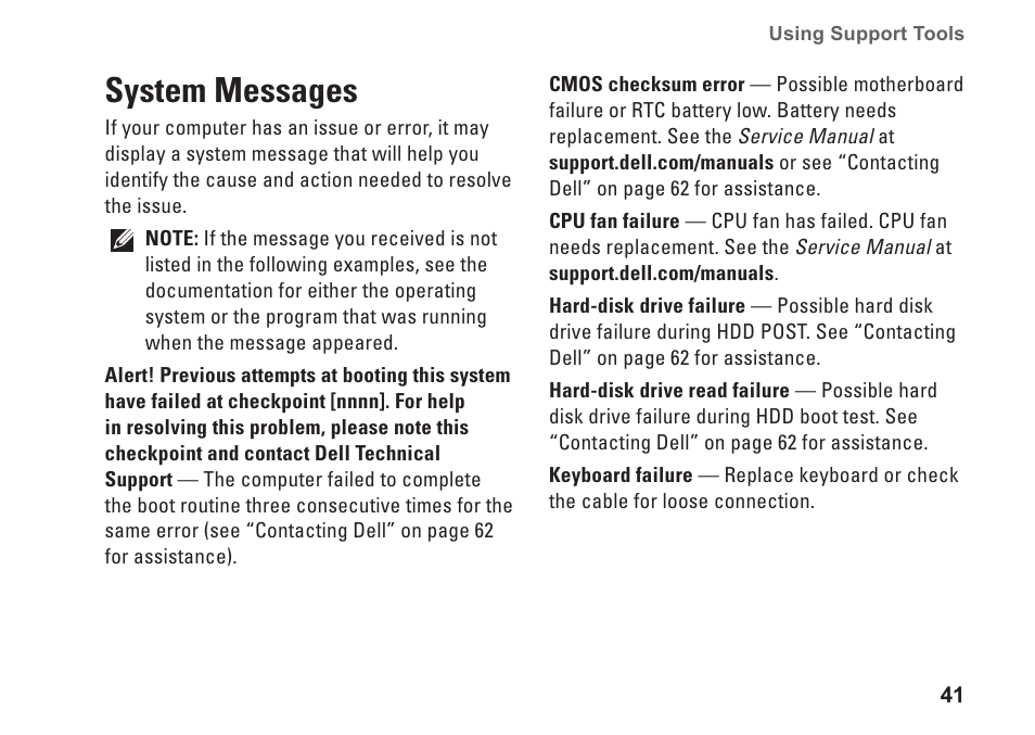 System messages | Dell Studio XPS 8100 (Late 2009) User Manual | Page 43 / 80