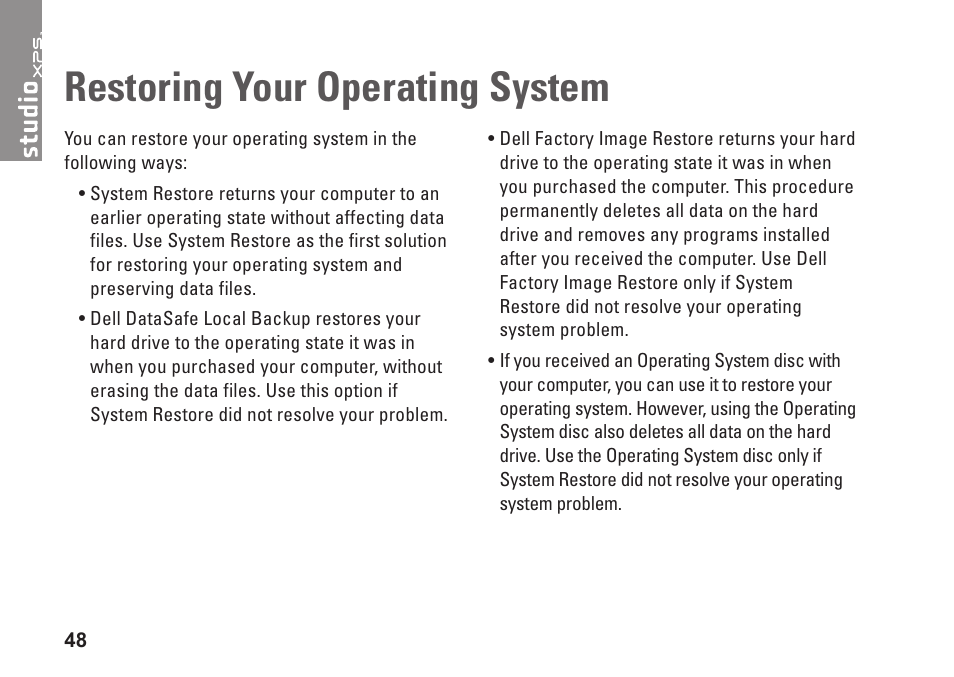 Restoring your operating system | Dell Studio XPS 8100 (Late 2009) User Manual | Page 50 / 80