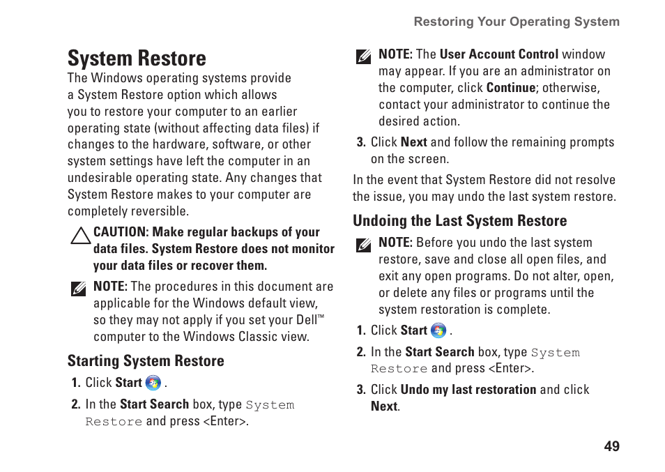 System restore | Dell Studio XPS 8100 (Late 2009) User Manual | Page 51 / 80