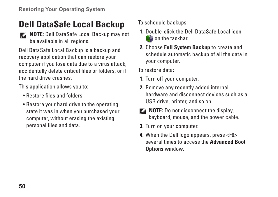 Dell datasafe local backup | Dell Studio XPS 8100 (Late 2009) User Manual | Page 52 / 80