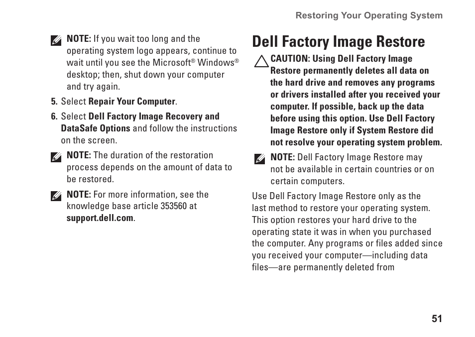 Dell factory image restore | Dell Studio XPS 8100 (Late 2009) User Manual | Page 53 / 80
