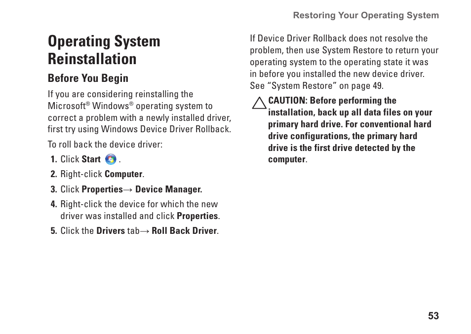 Operating system reinstallation | Dell Studio XPS 8100 (Late 2009) User Manual | Page 55 / 80