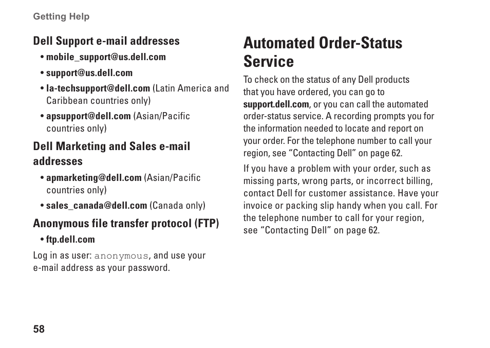 Automated order-status service, Automated order‑status service | Dell Studio XPS 8100 (Late 2009) User Manual | Page 60 / 80