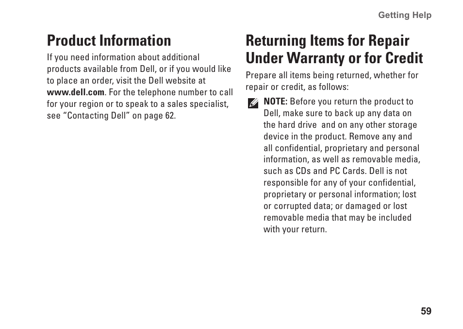 Product information, Warranty or for credit | Dell Studio XPS 8100 (Late 2009) User Manual | Page 61 / 80