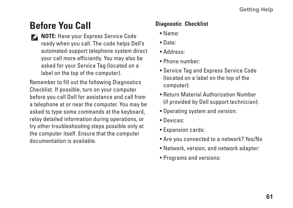 Before you call | Dell Studio XPS 8100 (Late 2009) User Manual | Page 63 / 80