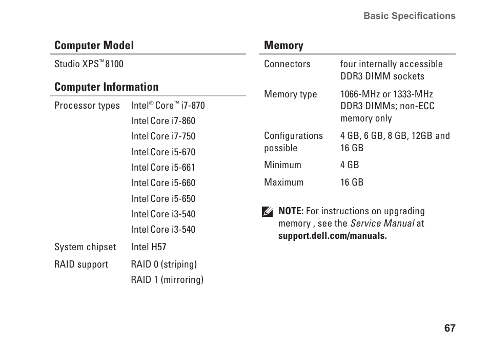 Computer model, Computer information | Dell Studio XPS 8100 (Late 2009) User Manual | Page 69 / 80