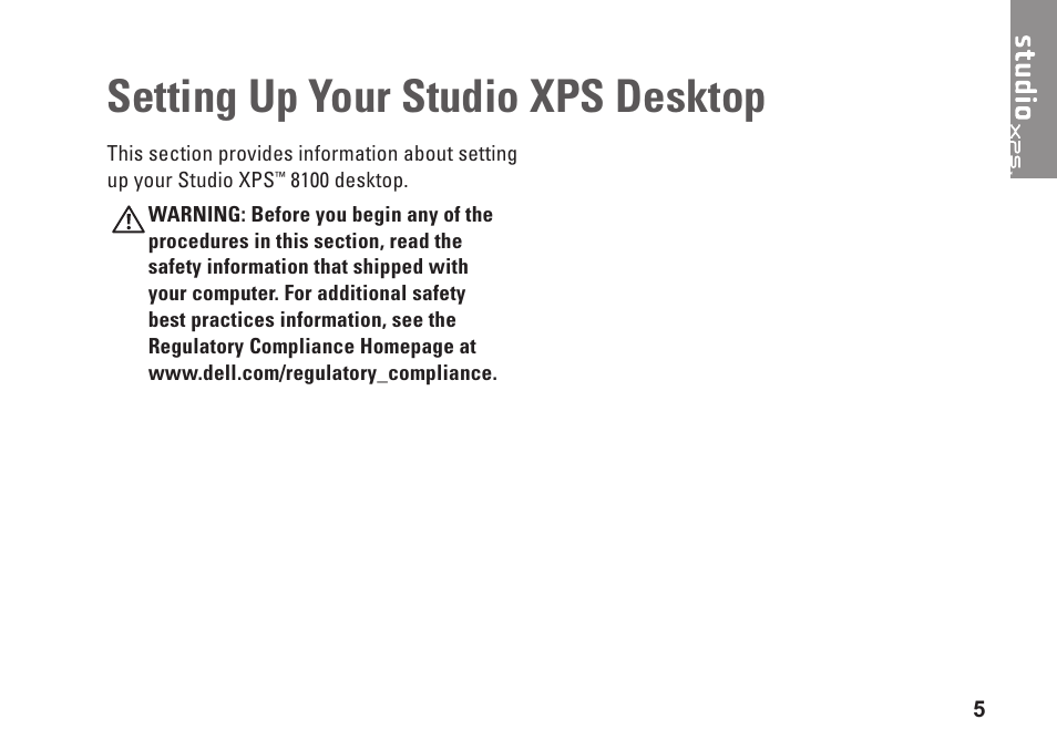 Setting up your studio xps desktop | Dell Studio XPS 8100 (Late 2009) User Manual | Page 7 / 80