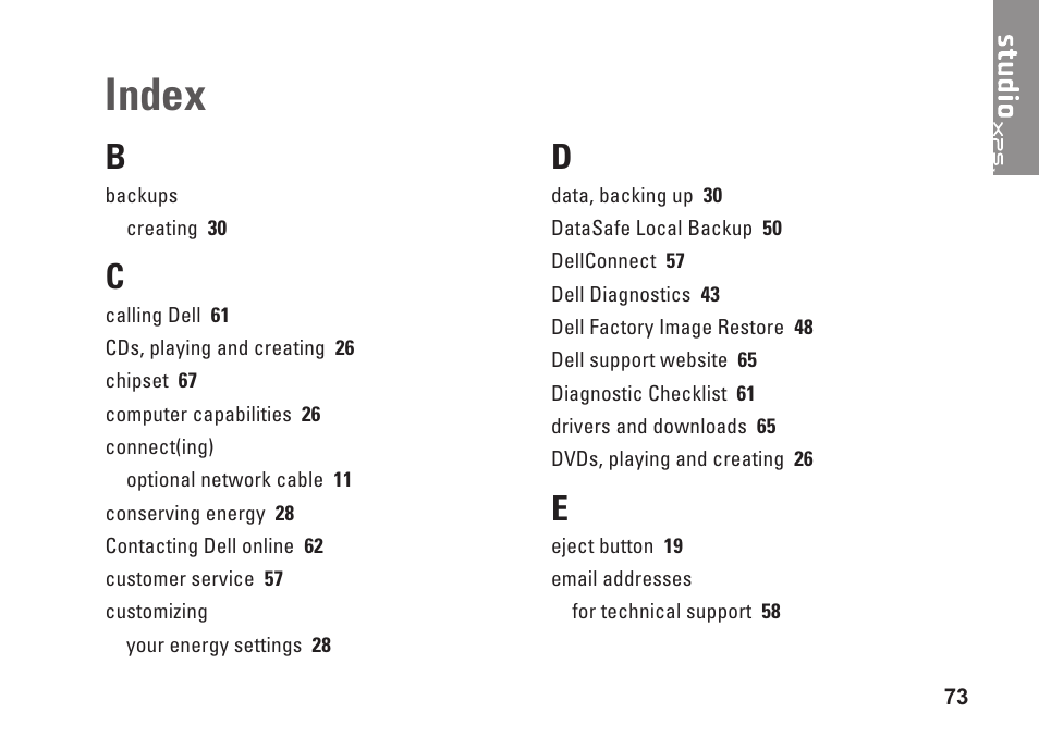 Index | Dell Studio XPS 8100 (Late 2009) User Manual | Page 75 / 80