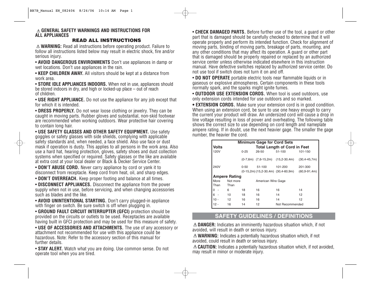 Safety guidelines / definitions | Black & Decker SIMPLE START BB7B User Manual | Page 2 / 7