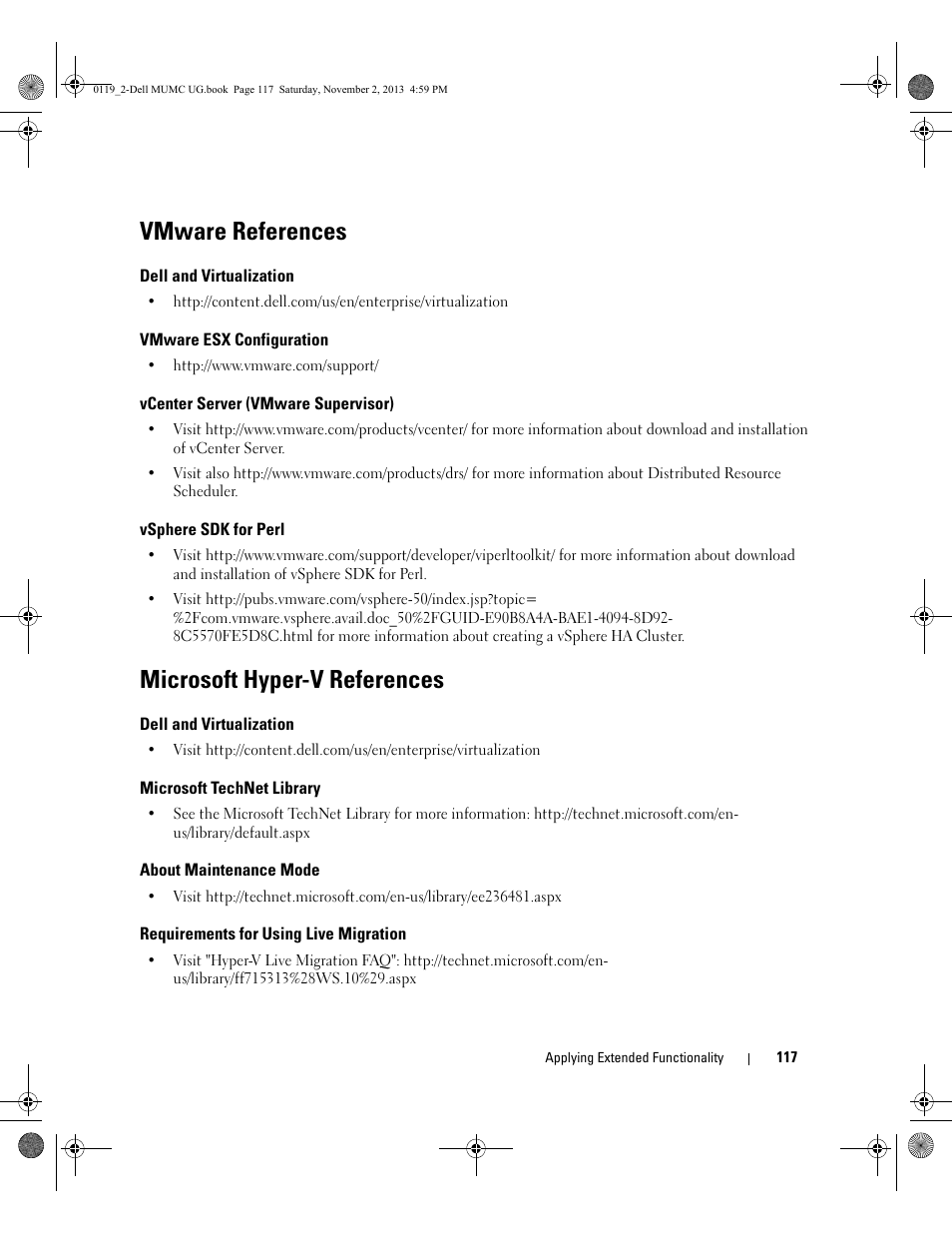 Vmware references, Dell and virtualization, Vmware esx configuration | Vcenter server (vmware supervisor), Vsphere sdk for perl, Microsoft hyper-v references, Microsoft technet library, About maintenance mode, Requirements for using live migration | Dell UPS 4200R User Manual | Page 116 / 116