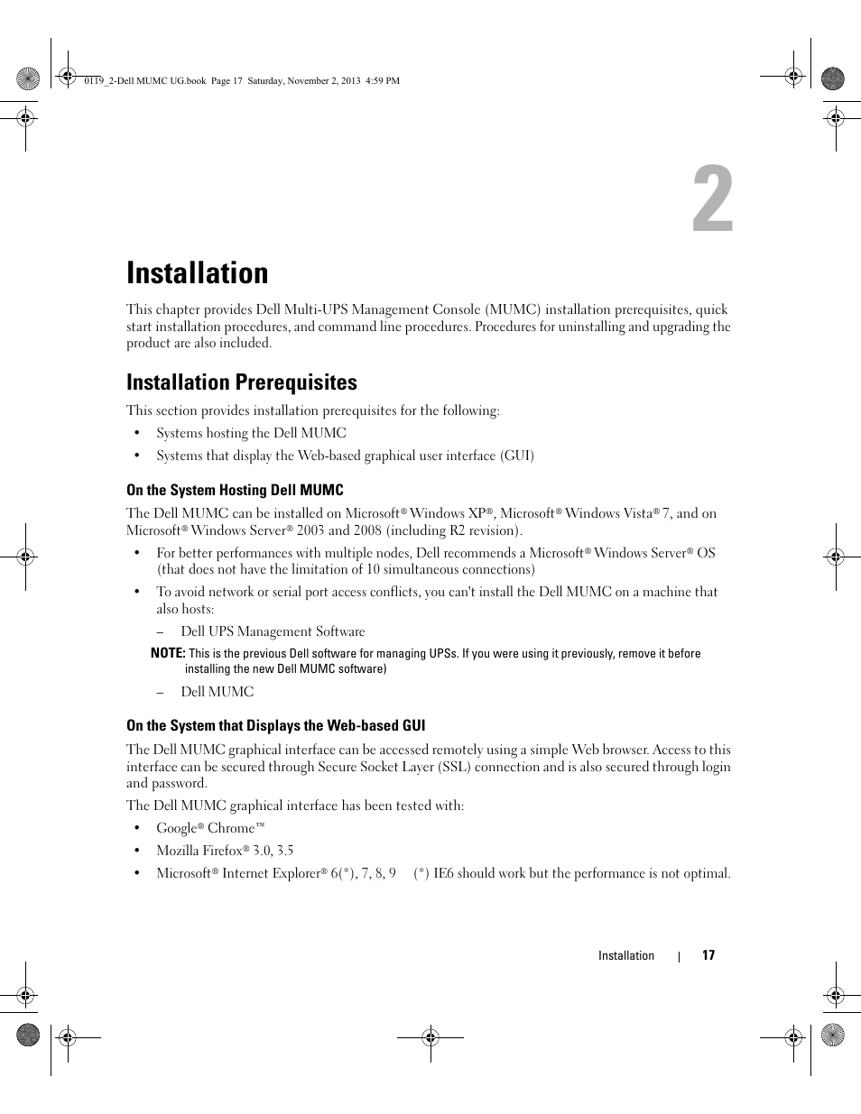 Installation, Installation prerequisites, On the system hosting dell mumc | On the system that displays the web-based gui, 2 installation | Dell UPS 4200R User Manual | Page 16 / 116