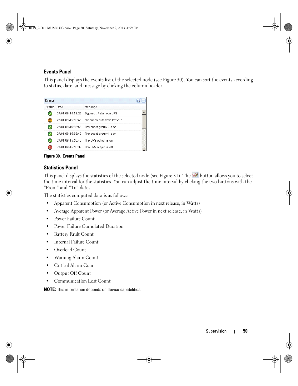 Events panel, Statistics panel | Dell UPS 4200R User Manual | Page 49 / 116