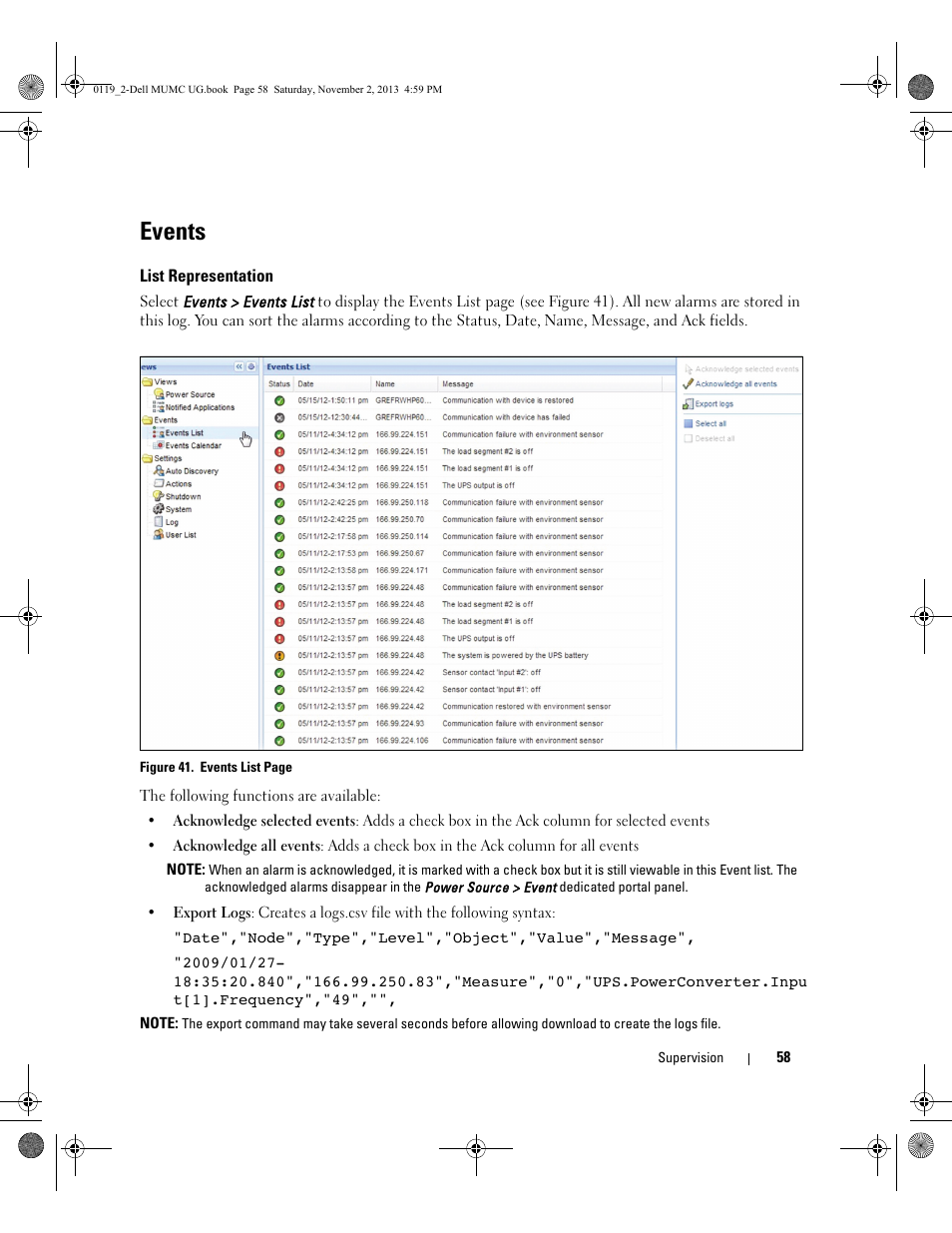 Events, List representation | Dell UPS 4200R User Manual | Page 57 / 116