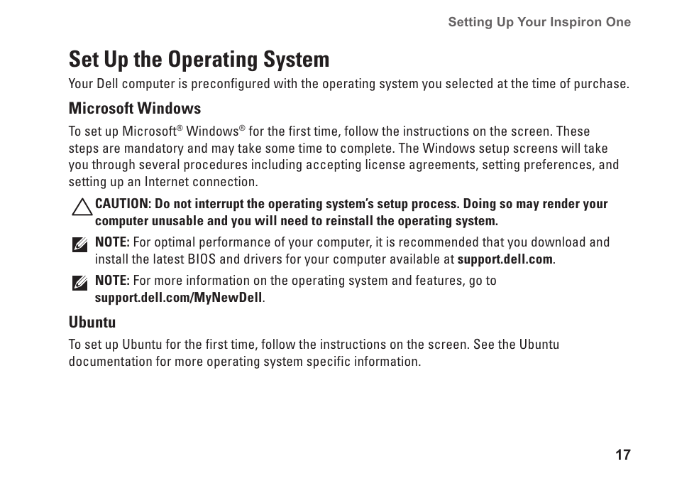 Set up the operating system | Dell Inspiron One 2310 (Late 2010) User Manual | Page 19 / 92