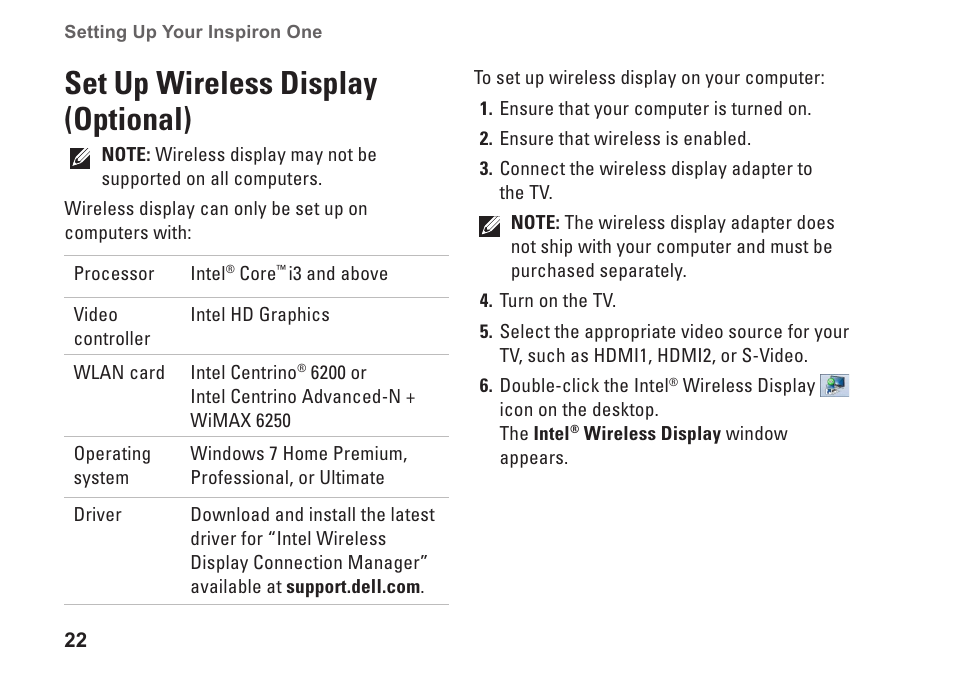 Set up wireless display (optional) | Dell Inspiron One 2310 (Late 2010) User Manual | Page 24 / 92
