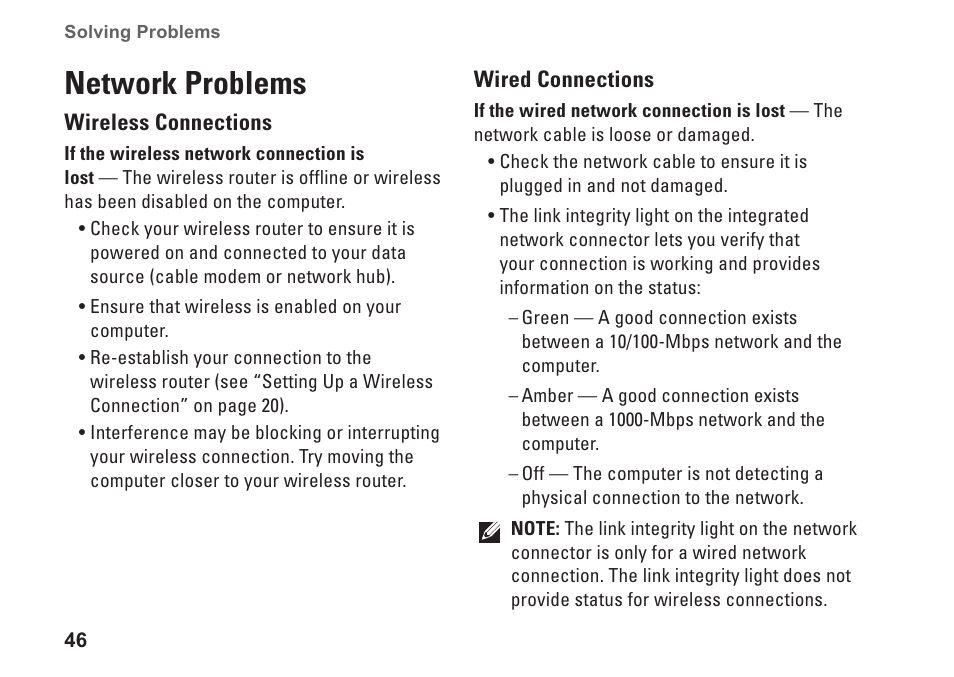 Network problems | Dell Inspiron One 2310 (Late 2010) User Manual | Page 48 / 92