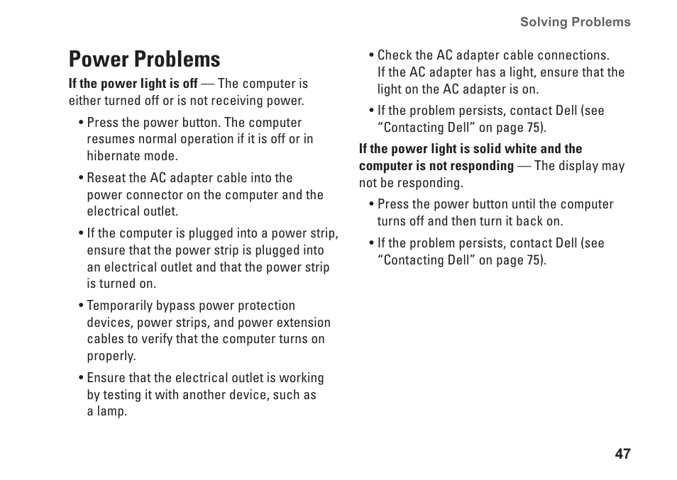 Power problems | Dell Inspiron One 2310 (Late 2010) User Manual | Page 49 / 92