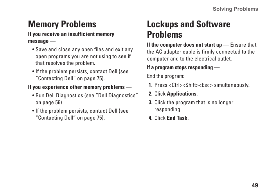 Memory problems, Lockups and software problems, Memory problems lockups and software problems | Dell Inspiron One 2310 (Late 2010) User Manual | Page 51 / 92