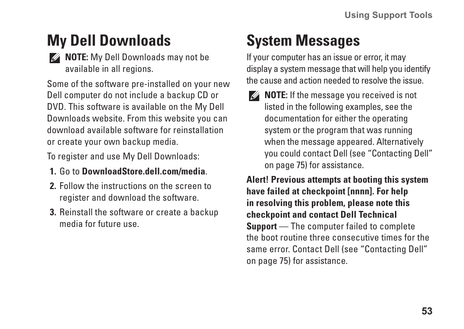 My dell downloads, System messages, My dell downloads system messages | Dell Inspiron One 2310 (Late 2010) User Manual | Page 55 / 92