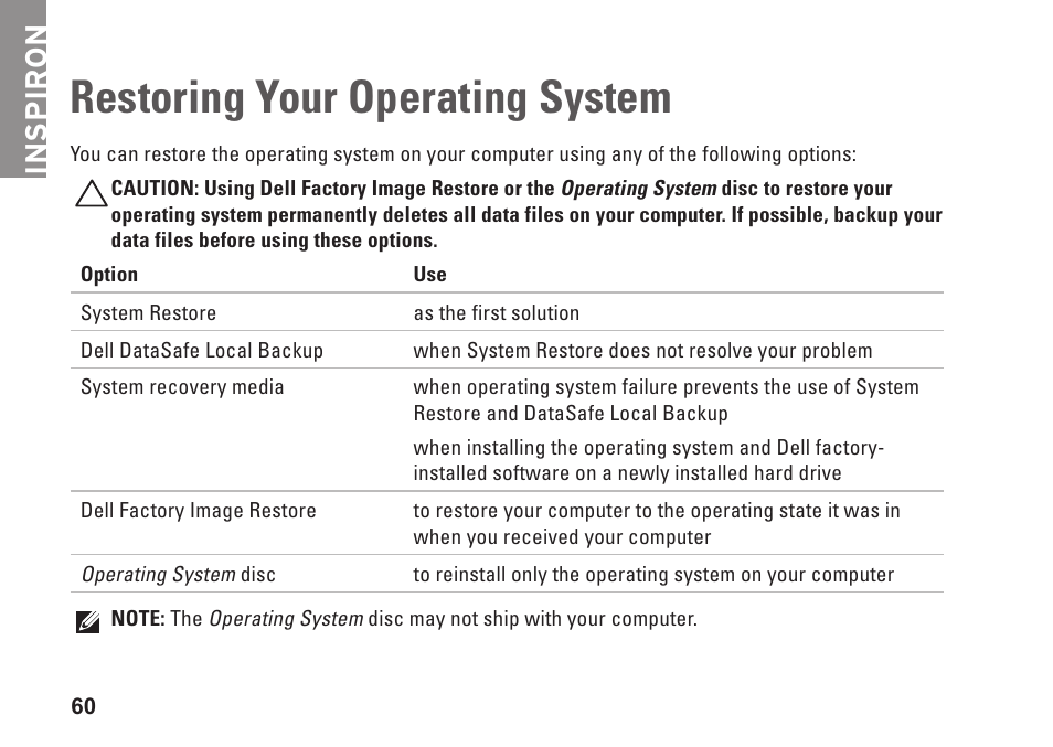 Restoring your operating system, Inspiron | Dell Inspiron One 2310 (Late 2010) User Manual | Page 62 / 92