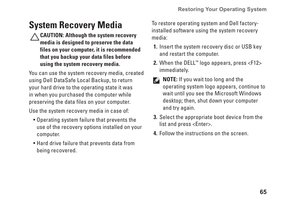 System recovery media | Dell Inspiron One 2310 (Late 2010) User Manual | Page 67 / 92