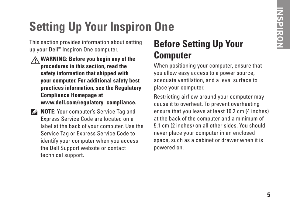 Setting up your inspiron one, Before setting up your computer, Inspiron | Dell Inspiron One 2310 (Late 2010) User Manual | Page 7 / 92