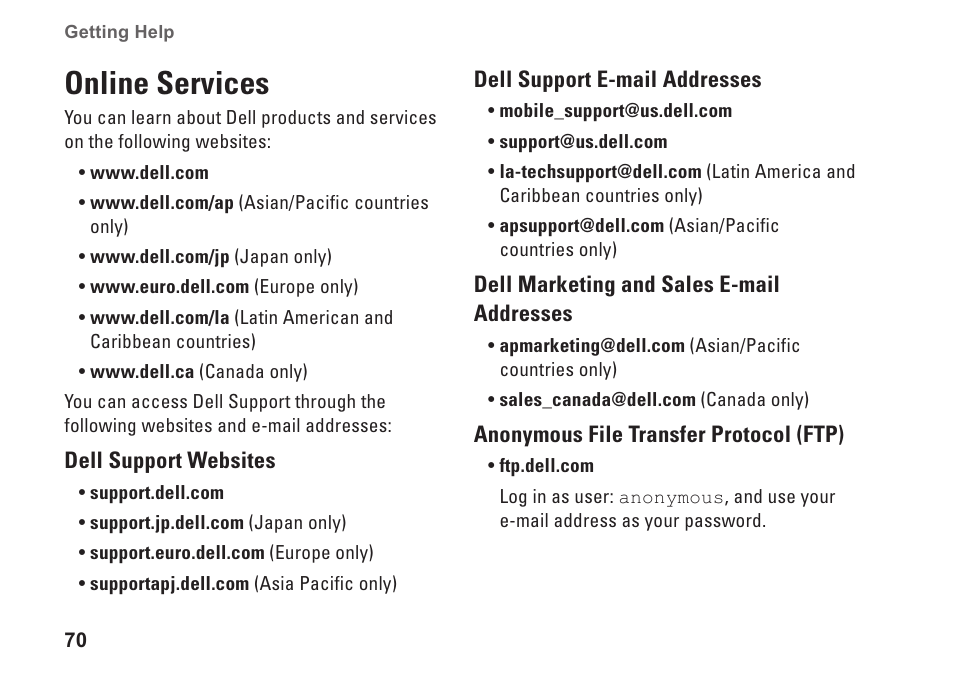 Online services, 70 for a more extensive list of dell | Dell Inspiron One 2310 (Late 2010) User Manual | Page 72 / 92