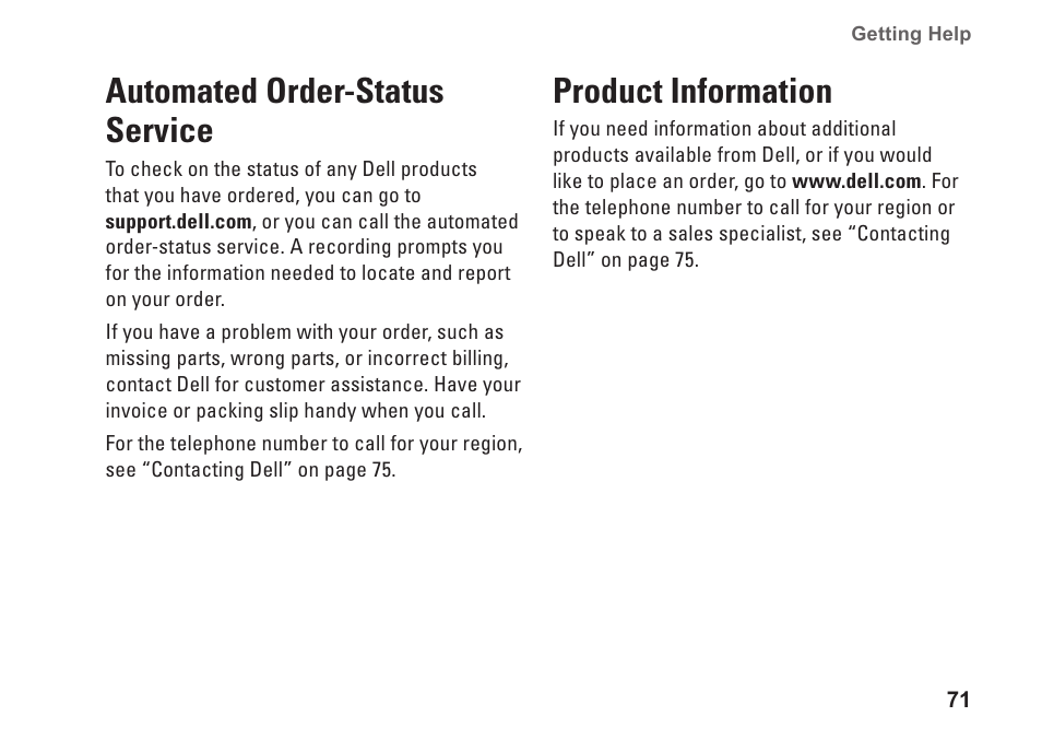 Automated order-status service, Product information, Automated order-status service product information | Dell Inspiron One 2310 (Late 2010) User Manual | Page 73 / 92