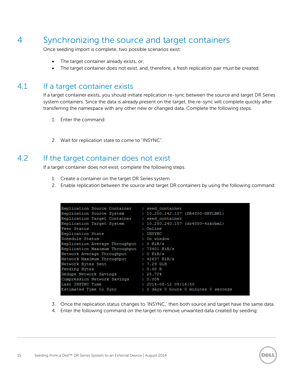 4 synchronizing the source and target containers, 1 if a target container exists, 2 if the target container does not exist | Synchronizing the source and target containers, If a target container exists, If the target container does not exist, 4synchronizing the source and target containers | Dell DR4000 User Manual | Page 15 / 15