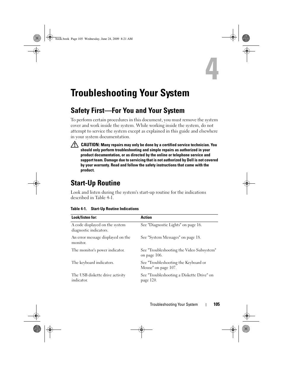 Troubleshooting your system, Safety first-for you and your system, Start-up routine | Safety first—for you and your system | Dell PowerEdge T100 User Manual | Page 105 / 160