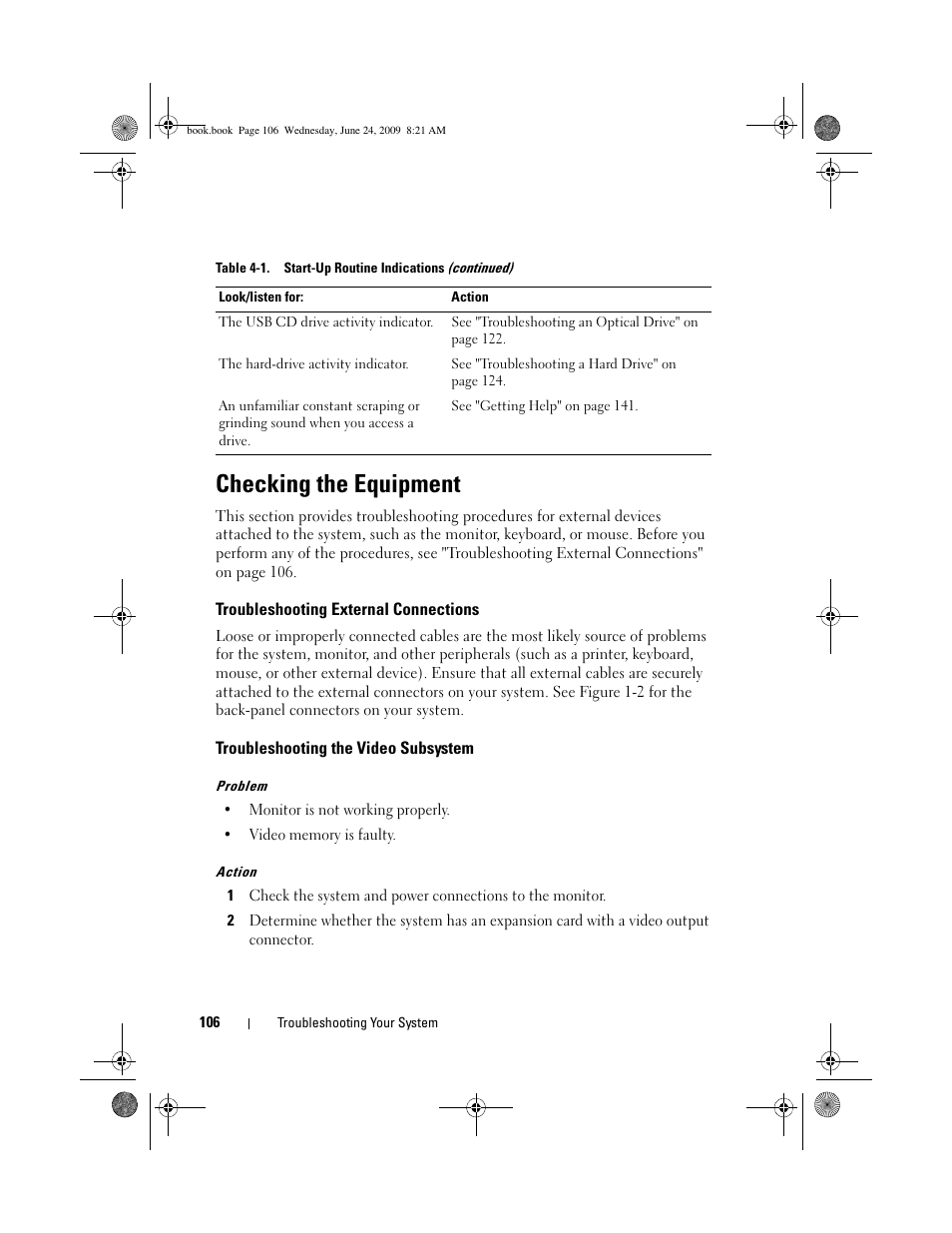 Checking the equipment, Troubleshooting external connections, Troubleshooting the video subsystem | Dell PowerEdge T100 User Manual | Page 106 / 160