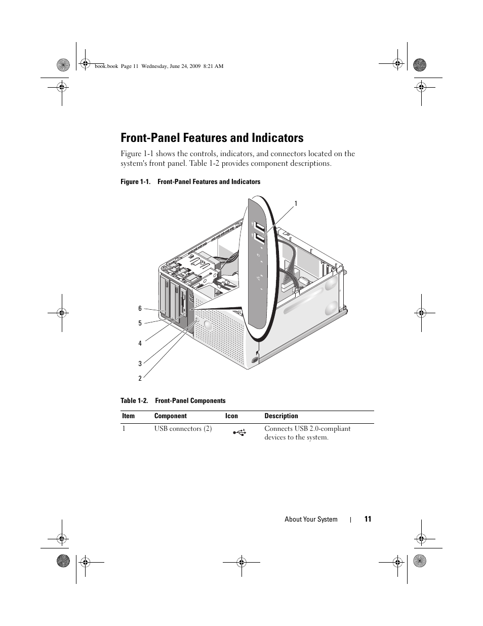 Front-panel features and indicators | Dell PowerEdge T100 User Manual | Page 11 / 160