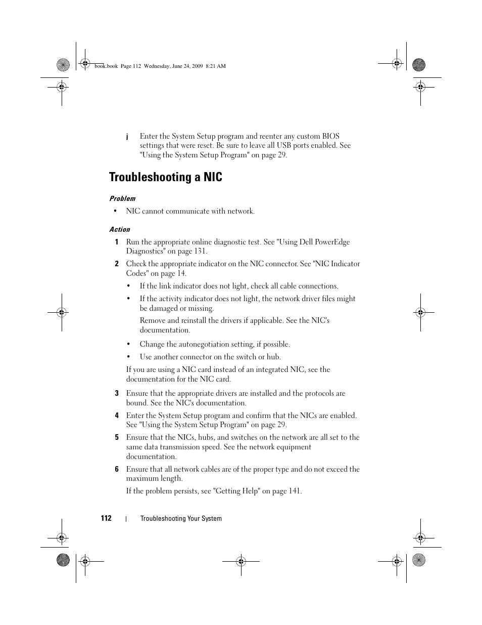 Troubleshooting a nic | Dell PowerEdge T100 User Manual | Page 112 / 160