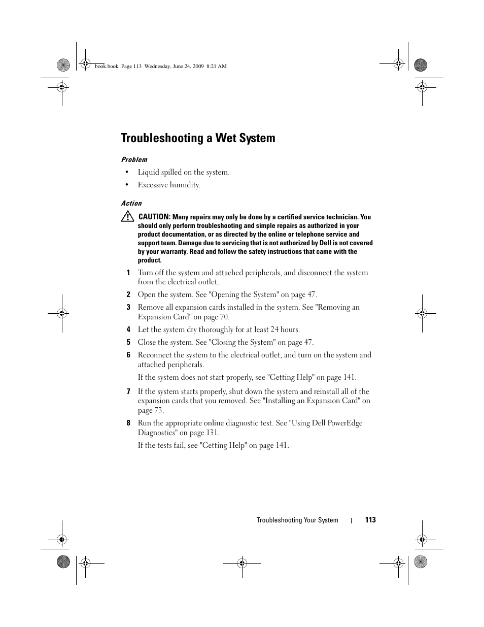 Troubleshooting a wet system | Dell PowerEdge T100 User Manual | Page 113 / 160