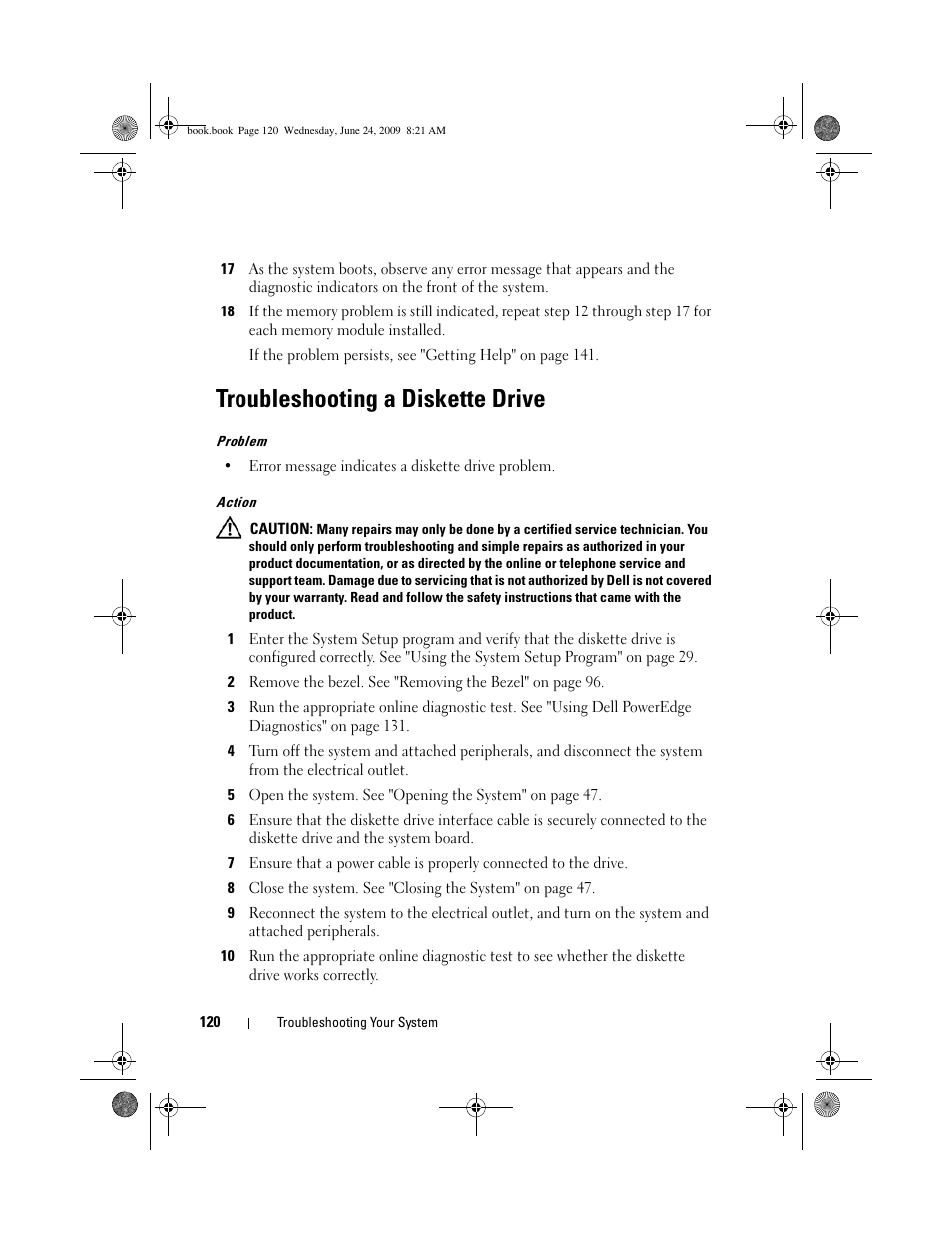 Troubleshooting a diskette drive | Dell PowerEdge T100 User Manual | Page 120 / 160