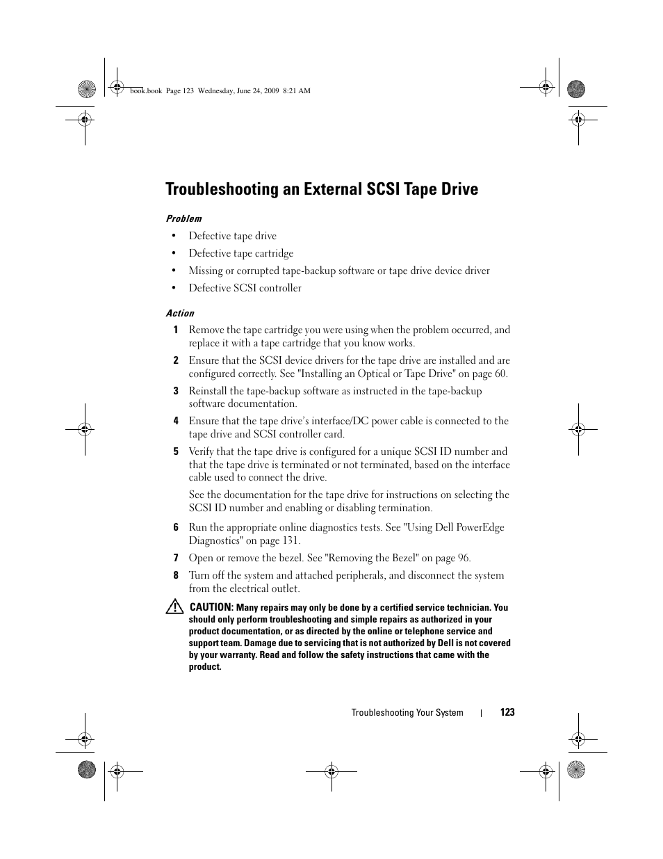 Troubleshooting an external scsi tape drive | Dell PowerEdge T100 User Manual | Page 123 / 160