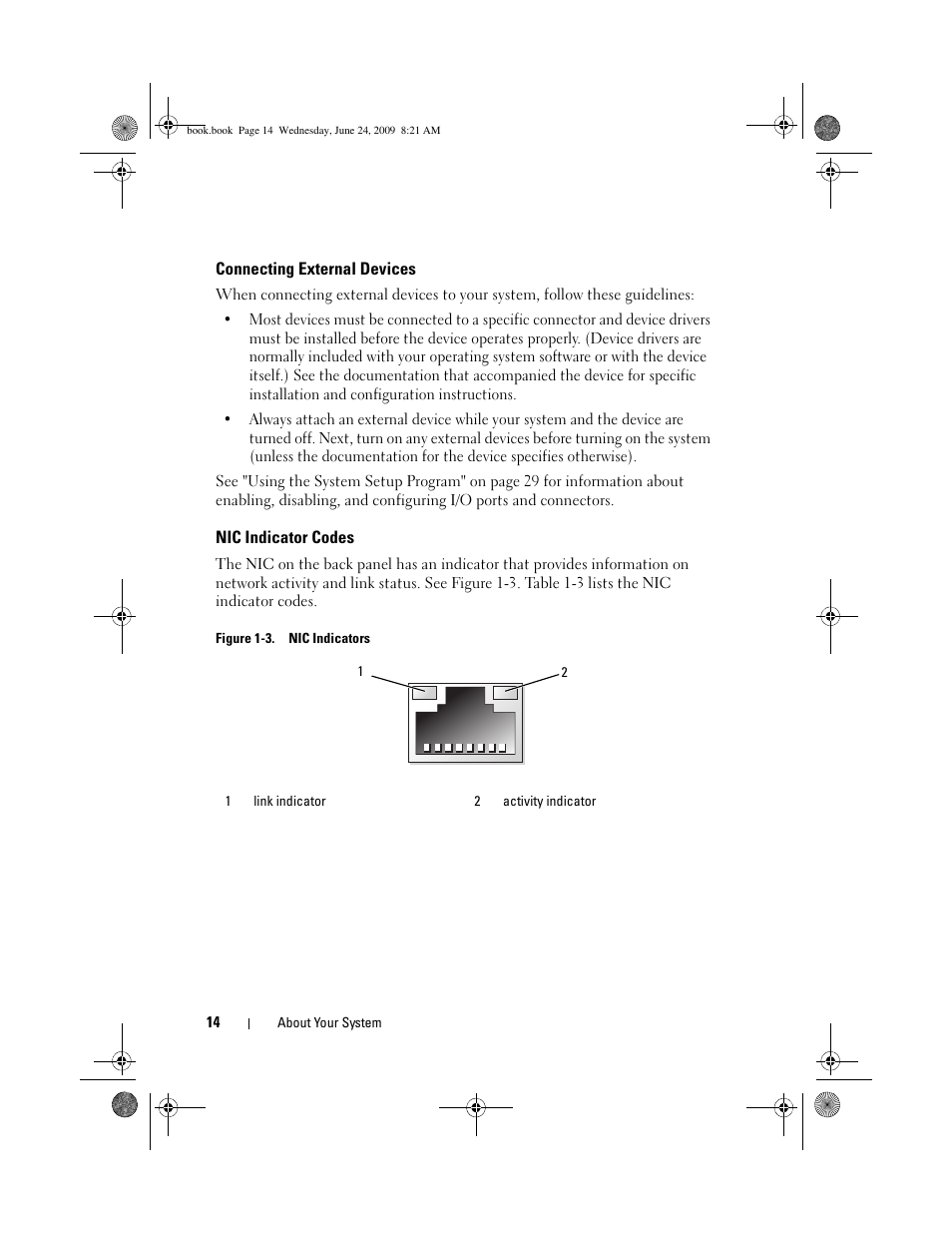 Connecting external devices, Nic indicator codes | Dell PowerEdge T100 User Manual | Page 14 / 160