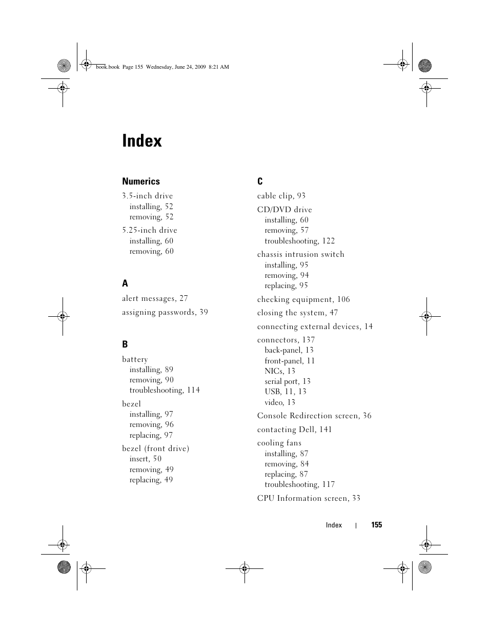 Index | Dell PowerEdge T100 User Manual | Page 155 / 160